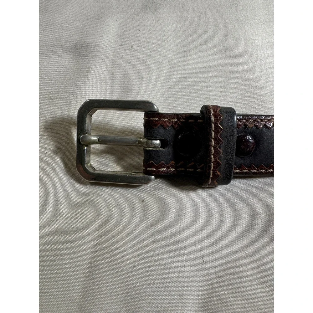 Hugo Boss Mens Leather Belt Size 90 Black Brown Contrast Stitch Logo Plaque